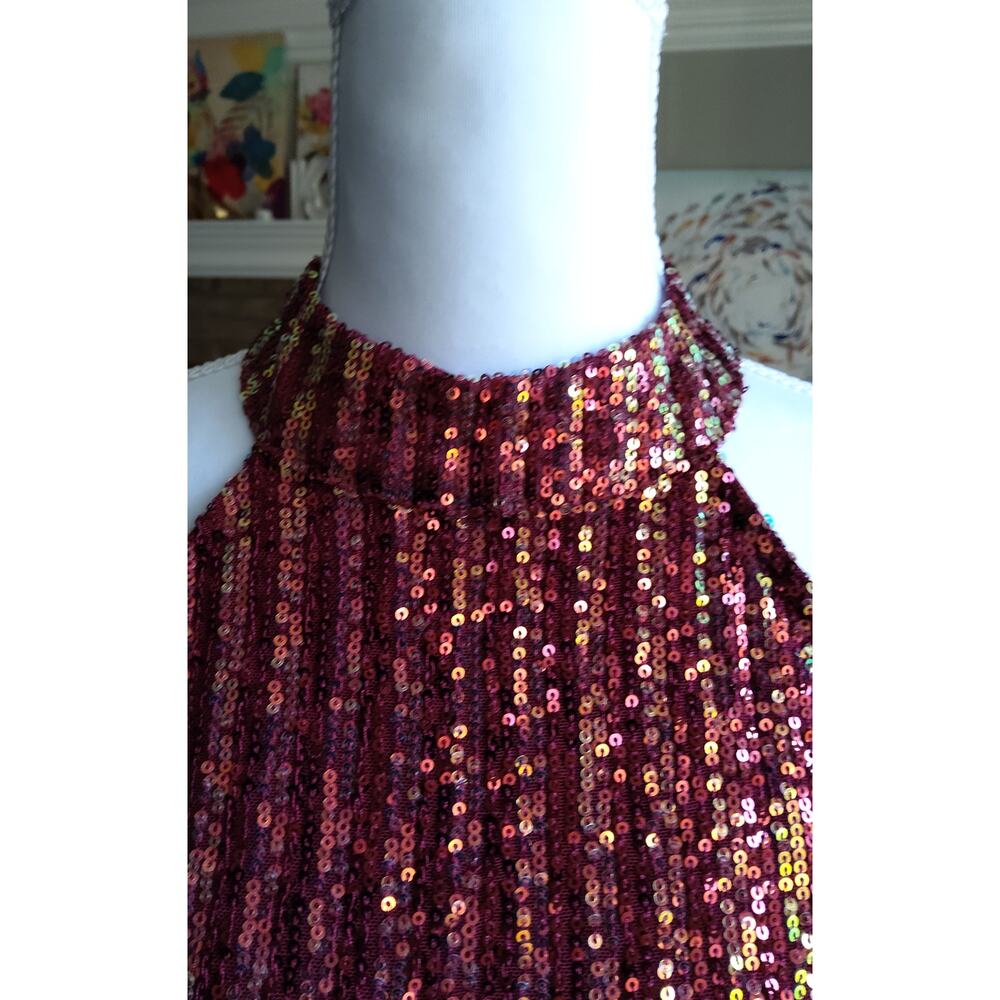 Sequin Christmas Red halterneck top sleeveless gold Shimmer SZ M holidays party